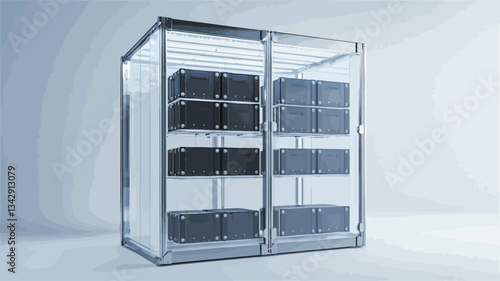 The image shows a computer-generated rendering of a cubic data storage unit. The cube is transparent, revealing multiple rows of dark-colored data storage units or server components inside.  The