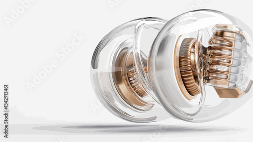 Close-up studio shot of two transparent spherical components showcasing intricate internal gold-colored gear mechanisms. The image features a clean white background, highlighting the detailed