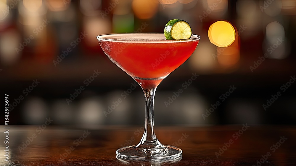 A top-down view of a cocktail glass filled with a cosmopolitan, garnished with a lime twist, showcases a stylish bar counter for a touch of elegance. A top-down view of a cocktail glass filled with a cosmopolitan, garnished with a lime twist, showcases a stylish bar counter for a touch of elegance.