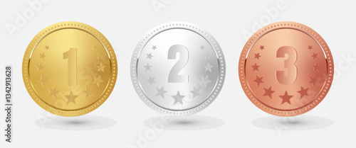 Award golden, silver and bronze blank medals 3d vector realistic illustration. Bronze, Silver and Golden medal coin for award. Empty badge, emblem set. First second third