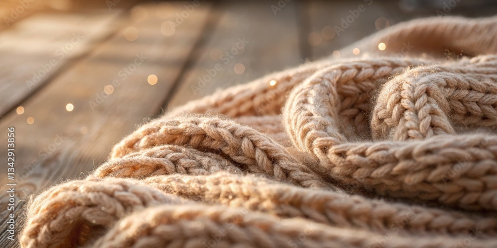 Soft beige knitted sweater draped over wooden surface with warm sunlight illuminating cozy textures