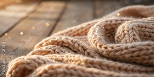 Obraz na płótnie Soft beige knitted sweater draped over wooden surface with warm sunlight illuminating cozy textures w salonie