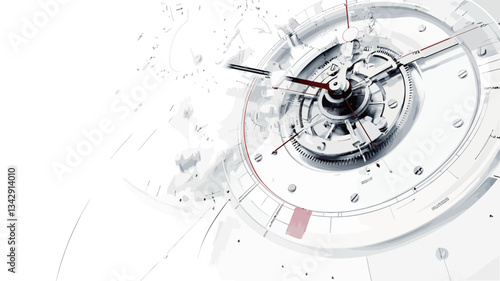 Close-up, high-angle view of an abstract representation of a clockwork mechanism.  The image is predominantly white and grey with accents of red.  The central focus is a circular gear system with