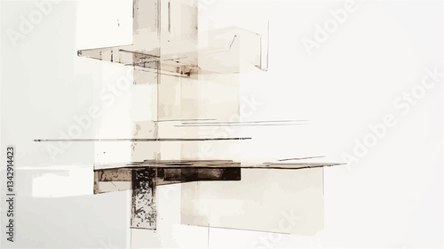 The image presents an abstract composition featuring several translucent and semi-transparent forms arranged against a white background.  The forms appear to be made of a lightweight material,
