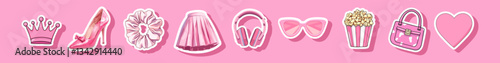 Pink Icon Set Featuring Fashion and Accessories.Vector illustration of a pink-themed icon set showcasing fashion and lifestyle items, including a crown, high heel scrunchie, and heart Perfect for girl