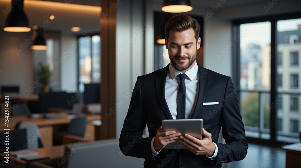 Fototapeta premium Focused Businessman Reviews Data On Tablet In Modern Office Setting Smiling Confidently Successful Professional