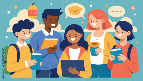 Sounds of laughter and chatter can be heard as students excitedly share updates from the morning announcements with their friends.. Vector illustration