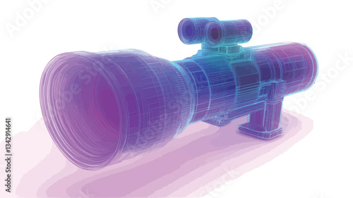 A 3D render of an abstract, futuristic weapon or device.  The object is primarily rendered in shades of purple and blue with a glowing effect. It features a large lens at one end and what appears