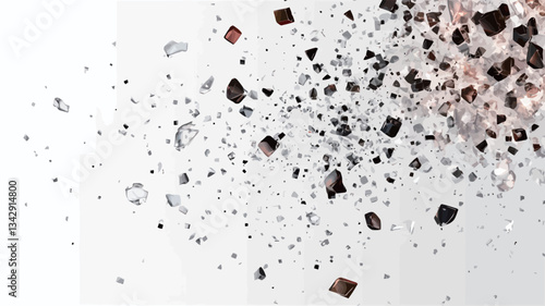 Close-up view of an abstract composition featuring a dispersion of small, irregularly shaped particles against a white background.  The particles are primarily shades of brown and gray, varying in