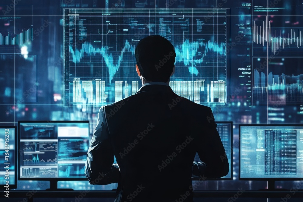 Business professional analyzing data trends on multiple screens in a high-tech office environment focused on finance and technology for strategic insights Business professional analyzing data trends on multiple screens in a high-tech office environment focused on finance and technology for strategic insights