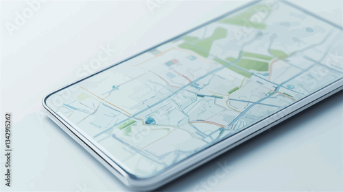 High-angle, close-up view of a smartphone lying flat on a white surface.  The phone's screen displays a detailed map with various streets, roads, and possibly parks or green spaces depicted in pale