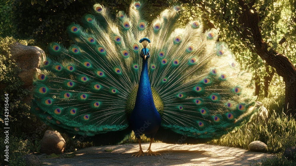 Obraz premium Majestic Peacock in a Sunlit Forest