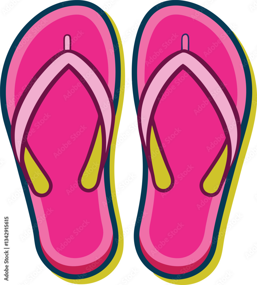 Pink Flip Flops Vector Illustration, A fun and vibrant vector illustration of pink flip flops with yellow soles and purple straps, ideal for summer and beach vibes.
Pink Flip Flops Vector Illustration, A fun and vibrant vector illustration of pink flip flops with yellow soles and purple straps, ideal for summer and beach vibes.