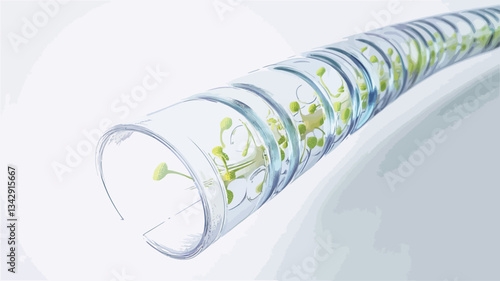 Close-up shot of a translucent, cylindrical glass sculpture. The sculpture features a spiraling pattern of light blue and green, resembling stylized floral elements. The glass appears smooth and