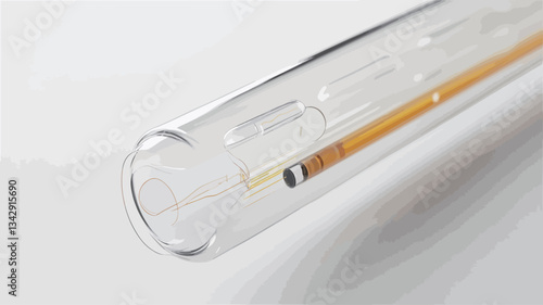 Close-up macro photograph of a transparent cylindrical tube.  The tube reveals internal components including a slender, amber-colored rod and smaller, dark elements.  The tube appears to be made of