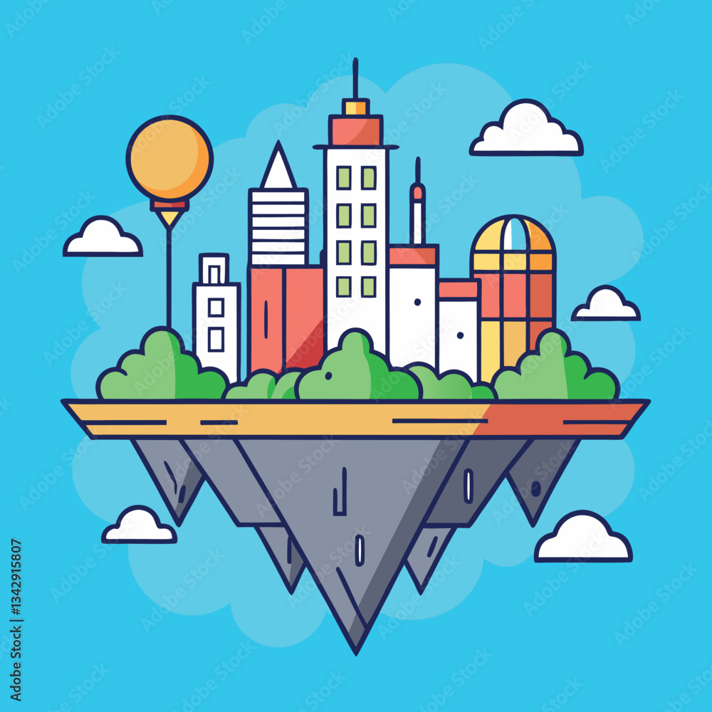 Naklejka premium Floating Fantasy City Vector Illustration, A colorful vector illustration of a floating fantasy city with domed buildings, towers, and lush greenery, set against a blue sky. 