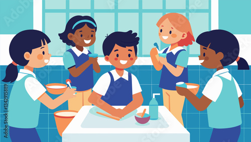 The communal bathrooms buzzed with activity as students brushed their teeth and washed their faces getting ready for their first dinner at the school.. Vector illustration