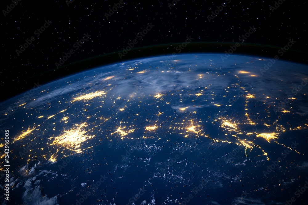 Obraz premium Earth from Space, Illuminated Cities at Night, Stars