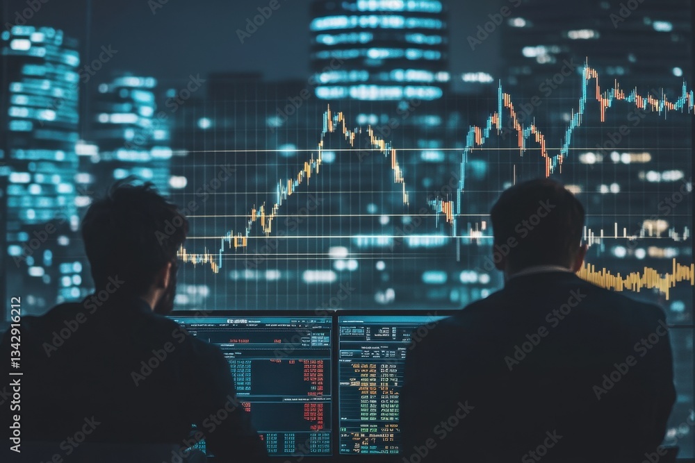Businessmen Analyzing Stock Market Trends on Computer in Modern Office with City Skyline Background at Night Businessmen Analyzing Stock Market Trends on Computer in Modern Office with City Skyline Background at Night