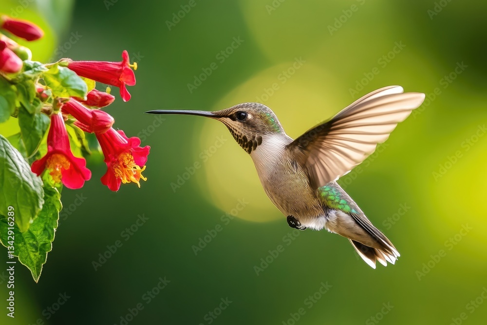 Fototapeta premium Hummingbird in flight near red flowers