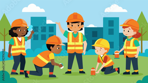 Students dress in bright orange vests and hard hats as they participate in a simulated earthquake search and rescue exercise during a school safety drill.. Vector illustration