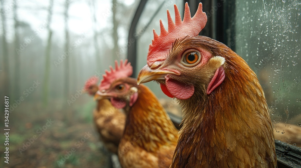 Fototapeta premium Transporting live hens, a truck depicts the journey from an industrial farm to processing facilities and market.