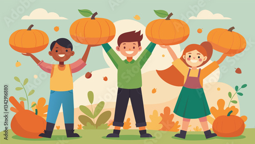 Students excitedly hold up large vibrant pumpkins they carefully pulled from the garden ready to be used for autumn decorations.. Vector illustration