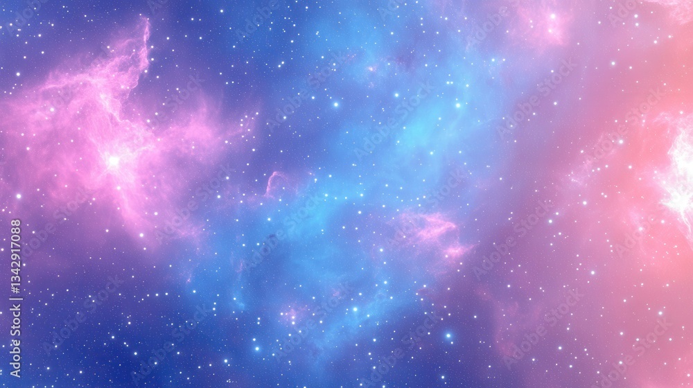 Naklejka premium Vibrant nebula in pink, blue, and purple tones with many bright stars. Ideal for science fiction, fantasy art, or cosmic themed backgrounds.
