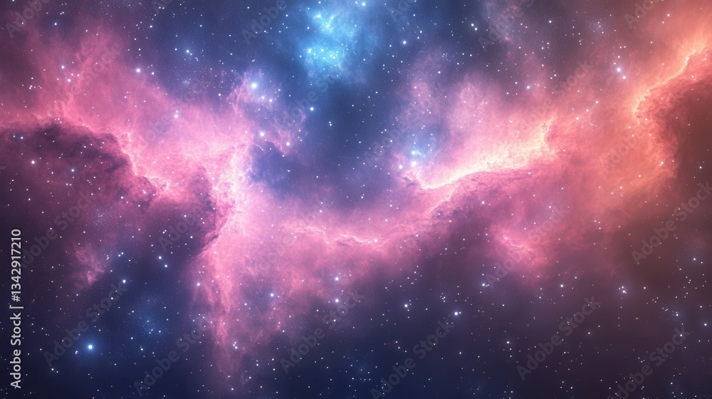 Fototapeta premium Vibrant pink and blue nebula with stars fills dark cosmic space. Use for sci-fi themes, backgrounds, or astronomical presentations.
