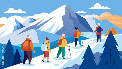 A group of adventurous seniors braving the cold and scaling towering snowcapped mountains in search of a breathtaking view.. Vector illustration