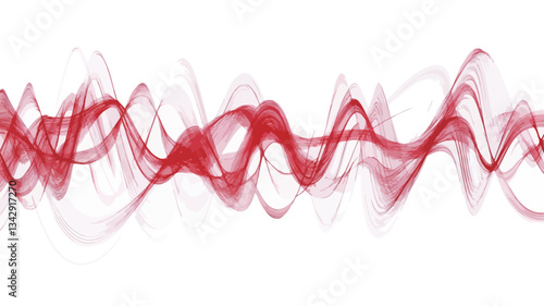 The image presents a horizontal, abstract composition featuring a series of red and translucent white lines forming a wave-like pattern against a white background.  The lines are thin and appear to