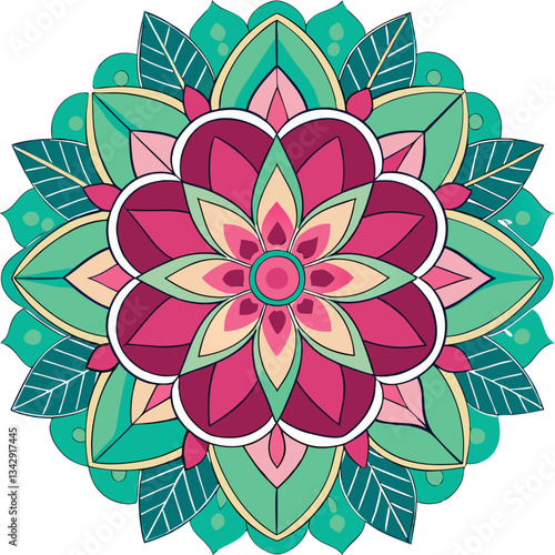 Mandala flower vector design with vibrant colors, A vibrant mandala flower vector design with intricate geometric patterns and colorful petals surrounded by leaves.
