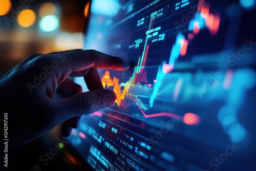 Data analysis with hand pointing at digital stock market graph showing price trends and financial data visualization on a glowing screen