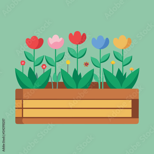 Flower Box Vector Illustration, Stylized vector illustration of a flower box with colorful flowers in red, pink, yellow, and blue, perfect for gardening and floral designs.
