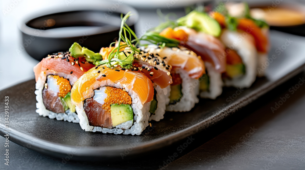 Delicious sushi rolls arranged on dark plate, garnished with herbs Delicious sushi rolls arranged on dark plate, garnished with herbs