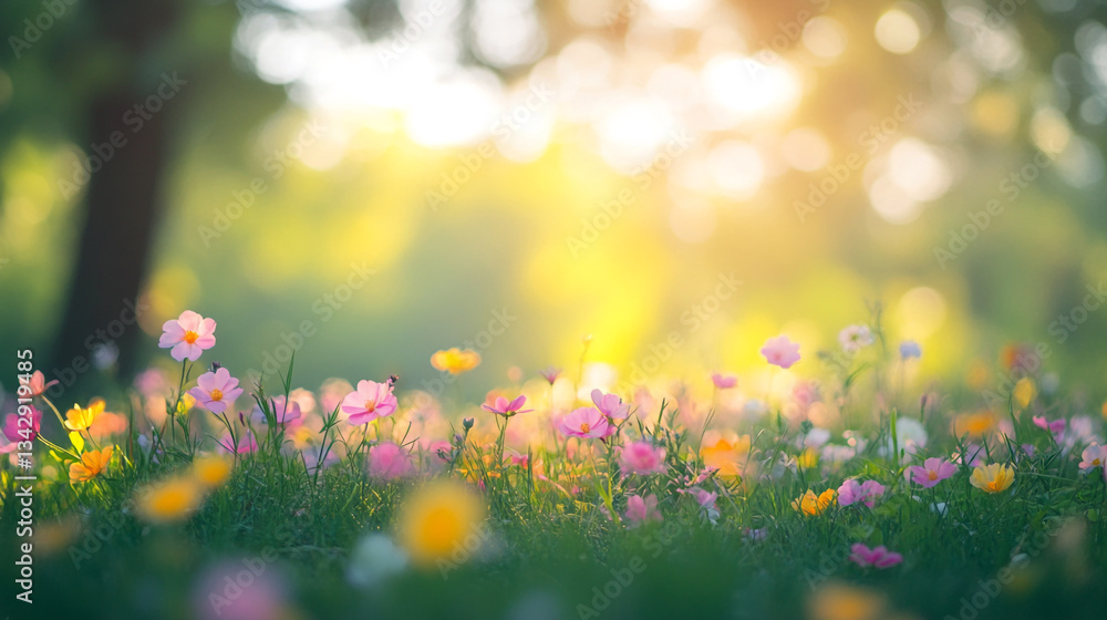 A blurred garden with colorful flowers in the foreground with bokeh effect, Bright pink cherry blossoms flourishing in soft light, A peaceful garden filled with flowers use for decor and wedding card. A blurred garden with colorful flowers in the foreground with bokeh effect, Bright pink cherry blossoms flourishing in soft light, A peaceful garden filled with flowers use for decor and wedding card.