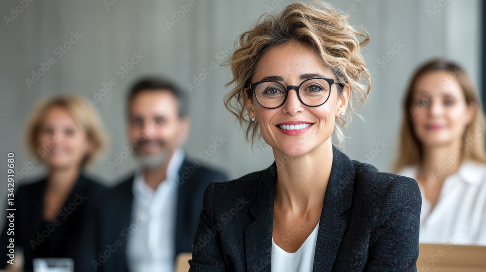 confident female business leader smiling during meeting with colleagues confident female business leader smiling during meeting with colleagues