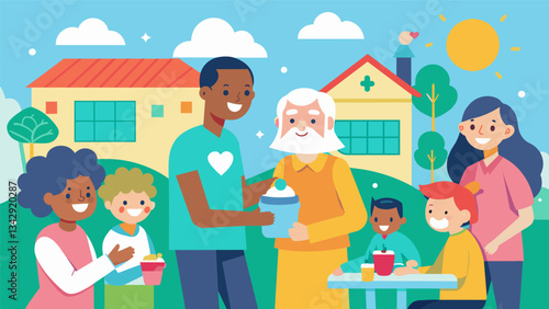 Students spending a day at a nursing home chatting with residents playing games and brightening their day with small acts of kindness.. Vector illustration