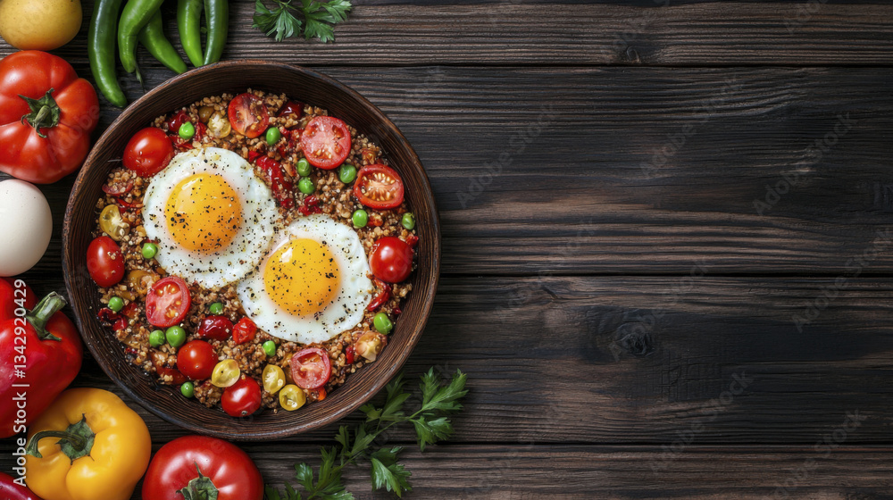 Delicious breakfast bowl with eggs, tomatoes, and vegetables on wooden table Delicious breakfast bowl with eggs, tomatoes, and vegetables on wooden table