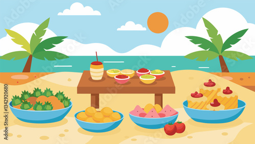 A tropical beachthemed buffet with fruity treats like pineapple gummies coconut s and mango taffy displayed on a sandy beach.. Vector illustration