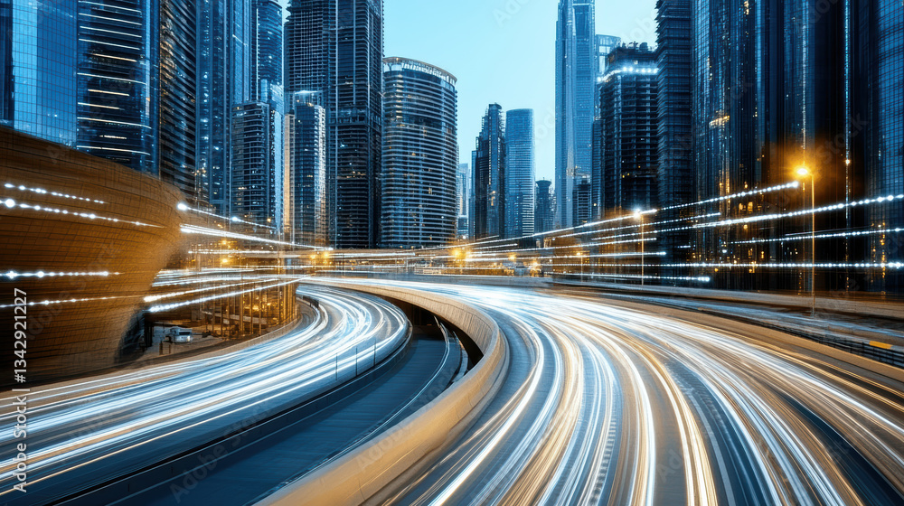 Fototapeta premium futuristic smart city with illuminated highways and skyscrapers