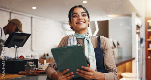 Tablet, thinking and happy with woman in cafe for online critic update, restaurant review idea and small business. Customer experience, vision and menu rating with person or waitress in coffee shop