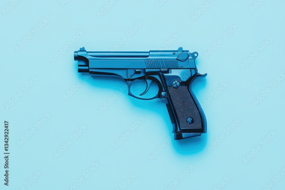 A black handgun laying on a light blue flat background A black handgun laying on a light blue flat background