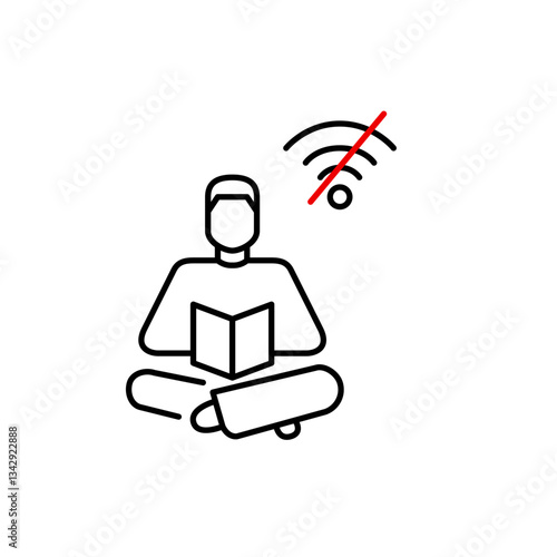 Man reading a book and no wi-fi symbol. Offline library, digital detox mode. Pixel perfect, editable stroke vector icon