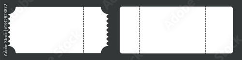 Two blank white tickets with perforations. Ticket mockups with ruffle edges. Concert, movie or theater admit. Boarding, lottery, sale coupon. Flat vector illustration isolated on white background.
