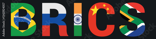 Letters with flags of BRICS member countries. Flat vector illustration isolated on white background.