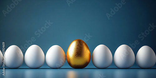 A photorealistic image featuring one golden egg among white chicken eggs, ideal for luxury branding, Easter celebrations, or spring marketing campaigns.