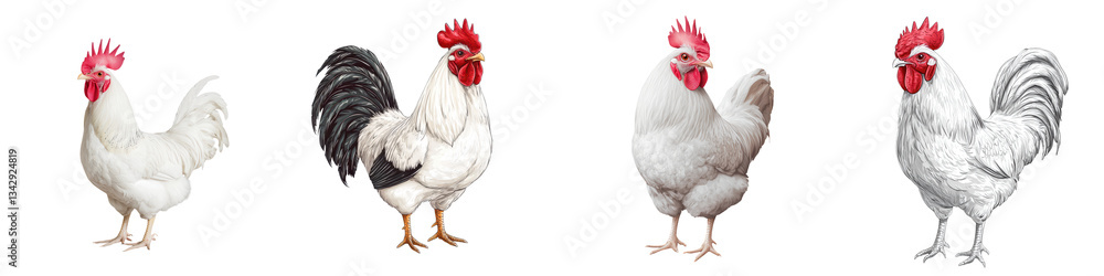 Fototapeta premium A diverse collection of domestic chickens including roosters and hens showcased against a clean white backdrop to highlight their unique features and vibrant colors category Animals