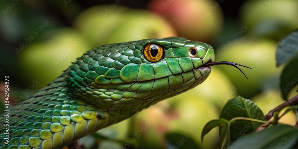 Green snake resting among fresh green apples in a garden during daylight