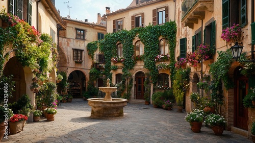 Charming Italian Courtyard with Flowering Plants, Fountain, and Rustic Architecture in Sunlight